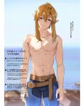  1boy belt blonde_hair blue_eyes blue_sky blurry blurry_background cover depth_of_field earrings fake_magazine_cover head_tilt jewelry leopardtiger link long_hair looking_at_viewer magazine_cover multiple_scars nipples ocean pointy_ears ponytail scar sidelocks sky smile the_legend_of_zelda the_legend_of_zelda:_breath_of_the_wild topless_male 