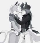  anthro balls barely_visible_balls barely_visible_genitalia bodily_fluids briefs bulge_grab canid canine canis clothed clothing duo felid fox foxzor genitals greyscale hand_in_underwear hat headgear headwear hi_res hoodie hybrid ion_(ion-yggdrasil) kissing leo_(foxzor) lion male male/male mammal monochrome pantherine pantsless saliva saliva_string shoulder_grab simple_background tighty_whities topwear underwear waist_grab white_briefs white_clothing white_underwear wolf young 