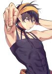  1boy abs arm_up armpits bare_shoulders black_hair collarbone hairband highres jojo_no_kimyou_na_bouken looking_at_viewer male_focus muscular muscular_male narancia_ghirga orange_hairband orange_wristband parted_lips pectorals purple_eyes shirt short_hair solo tere tight_clothes tight_shirt vento_aureo white_background 