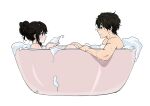  1boy 1girl artist_logo artist_name bath bathing bathtub black_hair blush brown_hair chitanda_eru closed_mouth eye_contact foam foam_on_face from_side hands_up holding hyouka looking_at_another loose_hair_strand medium_hair mery_(yangmalgage) mixed_bathing oreki_houtarou profile short_hair simple_background smile wet 