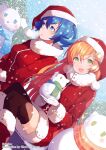  2girls amiami_(company) amico black_thighhighs blue_eyes blue_hair blush boots breasts breath christmas coat fur_trim gloves gradient_hair green_eyes hair_between_eyes hair_ornament hat highres holding holding_snowman lilco long_sleeves looking_at_viewer multicolored_hair multiple_girls official_art open_mouth orange_hair outdoors parted_lips red_coat red_footwear santa_hat short_twintails sitting snow snowing snowman thighhighs twintails white_gloves yumekui 