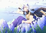  1boy absurdres akaie11 black_jacket blue_eyes blue_flower blue_hair chain cloud day falling_petals feet_out_of_frame flower grape_hyacinth hair_between_eyes hajimari_no_kioku hakama hand_up highres horns hyacinth jacket jacket_on_shoulders japanese_clothes knees_up light_blue_hair long_hair looking_up male_focus pectoral_cleavage pectorals petals purple_flower purple_hakama rope shimenawa short_sleeves shrug_(clothing) sitting sleeveless sleeveless_jacket smile solo stridon sunlight white_jacket wind wristband 