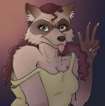  absurd_res animal_humanoid anthro bodily_fluids clothing drooling female gesture hi_res humanoid jellykinz mammal mammal_humanoid pigtails procyonid procyonid_humanoid raccoon raccoon_humanoid saliva shirt solo tank_top topwear v_sign 