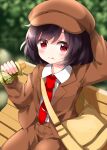  1girl bag bench black_hair brown_headwear bush caloriemate food food_on_face hand_in_own_hair handbag hat highres holding holding_food on_bench one-hour_drawing_challenge red_eyes red_tie ruu_(tksymkw) shameimaru_aya short_hair solo touhou wooden_bench 