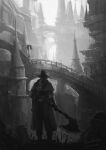  1other artist_name axe bloodborne boots bridge city coat copyright_name facing_away from_behind hat highres holding holding_axe holding_weapon hunter_(bloodborne) monochrome outdoors ponytail scenery solo tripdancer weapon 