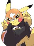  2023 ambiguous_gender clothing cosplay_pikachu_(costume) dipstick_ears dorobo_39 double_v_sign generation_1_pokemon gesture hi_res looking_at_viewer mask multicolored_ears nintendo pikachu pikachu_libre pokemon pokemon_(species) semi-anthro simple_background smile solo v_sign yellow_body 