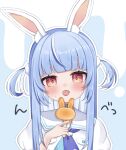  1girl alternate_hairstyle animal_ear_fluff animal_ears blue_hair blue_neckerchief blush choker colored_inner_hair dress extra_ears food highres holding holding_food holding_popsicle hololive hot ice_cream licking long_hair looking_at_viewer multicolored_hair neckerchief official_alternate_costume open_mouth popsicle puffy_short_sleeves puffy_sleeves rabbit-shaped_pupils rabbit_ears red_eyes sailor_collar sailor_dress short_eyebrows short_sleeves sidelocks solo straight_hair sweat symbol-shaped_pupils thick_eyebrows tongue tongue_out two-tone_hair two_side_up uchuu_aruku upper_body usada_pekora usada_pekora_(4th_costume) very_sweaty virtual_youtuber white_choker white_dress white_hair white_sailor_collar 