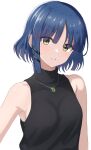  1girl absurdres bare_arms bare_shoulders black_shirt blue_hair blush bocchi_the_rock! breasts collarbone commentary_request covered_collarbone eyes_visible_through_hair hair_between_eyes hair_ornament hairclip highres jewelry looking_at_viewer makise_(mix020511) medium_breasts mole mole_under_eye necklace shirt short_hair simple_background sleeveless sleeveless_shirt sleeveless_turtleneck solo t-shirt teeth translated turtleneck upper_body white_background yamada_ryo yellow_eyes 
