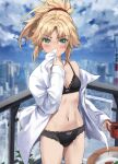  1girl black_bra black_panties blonde_hair blue_sky blush bra braid breasts collared_shirt commentary fate/apocrypha fate_(series) french_braid green_eyes highres long_hair long_sleeves looking_at_viewer mordred_(fate) mordred_(fate/apocrypha) navel open_clothes open_shirt panties parted_bangs ponytail shirt sidelocks sky small_breasts solo symbol-only_commentary thighs tonee underwear 