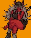  absurd_res black_nails clothing colored_nails crossed_legs demon desdemona_(fortnite) epic_games female fortnite hair hair_over_eyes hi_res horn humanoid humanoid_pointy_ears long_hair nails overalls red_body red_skin solo tattoo thick_thighs tomboy white_hair widisu 