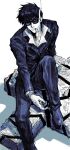  1boy absurdres cigarette foot_out_of_frame greyscale highres jacket knee_up large_cross long_sleeves looking_at_viewer male_focus monochrome mouth_hold my_nameisyoon nicholas_d._wolfwood pants shoes short_hair simple_background sitting smoking solo sunglasses trigun 