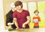  3boys aragaki_shinjirou bara black_shirt blush brown_hair character_request closed_mouth collared_shirt facial_hair highres holding holding_knife kia_shie knife large_pectorals looking_at_another male_focus multiple_boys muscular muscular_male pectorals persona persona_3 red_shirt sanada_akihiko shirt short_hair smile white_hair yaoi 