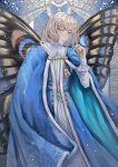  1boy arthropod_boy artist_name blue_butterfly blue_cloak blue_eyes bug butterfly cloak cowboy_shot crown diamond_hairband fate/grand_order fate_(series) fur-trimmed_cloak fur_trim grey_hair highres ichimichi_111 insect_on_finger insect_wings long_sleeves looking_at_viewer male_focus medium_hair oberon_(fate) solo wings 