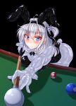  1girl absurdres ahoge anchor_symbol animal_ears ball billiard_ball billiards black_background blue_eyes bodysuit breasts bunny_day cleavage commentary_request grey_hair groin highres kantai_collection large_breasts latex latex_bodysuit looking_at_viewer playboy_bunny rabbit_ears rabbit_tail riretsuto simple_background smile solo_focus suzutsuki_(kancolle) tail 