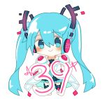  1girl blue_eyes blue_hair blue_necktie blush chibi earphones hatsune_miku miku_day necktie smile vocaloid white_tunic yunen_shiro 