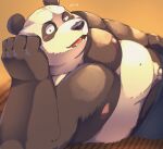  2023 anthro arufina_w balls bear black_body black_nose blush genitals giant_panda hi_res humanoid_hands kemono male mammal moobs nipples overweight overweight_male penis pubes solo white_body 