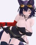  1girl animal_ears arknights asymmetrical_gloves bare_shoulders black_hair black_leotard breasts brown_eyes cat_ears cat_tail clothes_lift cutout_above_navel elbow_gloves gloves goggles goggles_on_head highres kochiya_(gothope) large_breasts leotard lifted_by_self looking_at_viewer mismatched_gloves pleated_skirt rockrock_(arknights) short_hair single_elbow_glove skirt skirt_lift solo strapless strapless_leotard tail 