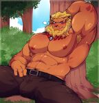  abs anthro armpit_hair bandai_namco barazoku belt belt_buckle big_bulge big_muscles big_pecs black_bottomwear black_clothing black_pants blonde_hair blonde_mane blush body_hair bottomwear bulge clothed clothing detailed_background digimon digimon_(species) digital_media_(artwork) felid forest fur hair hand_behind_head hi_res jewelry leomon looking_at_viewer lying lying_on_tree male mammal mane muscular muscular_anthro muscular_male navel necklace nipples on_back outside pants pecs piercing plant seintaur solo topless topless_anthro topless_male tree 