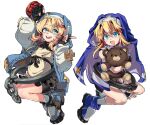  2boys androgyne_symbol bike_shorts bike_shorts_under_skirt black_gloves blonde_hair blue_dress blue_eyes blush bridget_(guilty_gear) cuffs dress enfrl_0725 fingerless_gloves gloves guilty_gear guilty_gear_strive guilty_gear_xx habit handcuffs highres hood hood_up hooded_jacket hoodie jacket long_sleeves looking_at_viewer male_focus medium_hair multiple_boys nun open_clothes open_hoodie open_mouth otoko_no_ko puffy_long_sleeves puffy_sleeves roger_(guilty_gear) smile stuffed_animal stuffed_toy teddy_bear yo-yo 