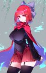  1girl belt black_shirt blue_bow bow breasts cloak garter_straps hair_bow highres large_breasts long_sleeves miniskirt pleated_skirt pointy_ears raptor7 red_cloak red_eyes red_hair red_skirt sekibanki shirt short_hair skindentation skirt solo thighhighs touhou 