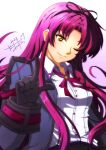  1girl akane_kazami black_gloves black_jacket black_ribbon closed_mouth collared_shirt eiyuu_densetsu gloves gradient_background hair_ribbon hand_up highres index_finger_raised jacket kuro_no_kiseki kuro_no_kiseki_ii long_hair looking_at_viewer one_eye_closed open_clothes open_jacket purple_hair renne_(eiyuu_densetsu) ribbon shirt signature simple_background smile solo upper_body white_shirt yellow_eyes 