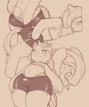  anthro anthrofied ball bent_over blush bottomwear clothed clothing cold-blooded-twilight cutie_mark equid equine eyebrows eyes_closed female flat_chested friendship_is_magic genitals hair hasbro hi_res hooves horn mammal midriff monochrome my_little_pony navel ponytail pussy rarity_(mlp) shorts solo standing tennis_ball thick_thighs topwear unicorn unicorn_horn 