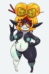  areola big_breasts blonde_hair breasts cosplay eyewear featureless_crotch female fusion glasses green_areola green_nipples hair hand_on_hip hi_res humanoid humanoid_pointy_ears imp markings matospectoru midna multicolored_body nintendo nipples not_furry nude purah red_eyes smile solo the_legend_of_zelda thick_thighs twili twilight_princess two_tone_body yellow_sclera 