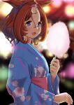  1girl ahoge animal_ears blue_eyes blue_kimono blurry blurry_background brown_hair cherry_blossom_print cotton_candy ear_ribbon floral_print hairband highres horse_ears horse_girl japanese_clothes kimono long_sleeves meisho_doto_(umamusume) multicolored_hair open_mouth outdoors pink_hairband solo streaked_hair umamusume white_hair yamano_boriko yukata 