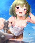  1girl blue_sky blurry blurry_foreground blush breasts camisole cleavage cloud cloudy_sky collarbone dripping faucet flying_sweatdrops from_below green_hair hand_in_own_hair highres idolmaster idolmaster_million_live! looking_ahead nagayoshi_subaru no_bra open_clothes open_mouth pink_eyes polka_dot polka_dot_camisole qianlou_(qianlou12374) short_hair shorts sky small_breasts smile sweat 