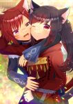  2girls :d ;) animal_ear_fluff animal_ears black_hair black_jacket blurry blurry_background brown_eyes cat_ears cat_girl cat_tail closed_mouth commentary_request commission depth_of_field dress fang final_fantasy final_fantasy_xiv heterochromia jacket jewelry kou_hiyoyo long_hair long_sleeves miqo&#039;te multicolored_hair multiple_girls one_eye_closed ponytail red_dress red_eyes red_hair red_scarf ring scarf skeb_commission sleeves_past_wrists smile streaked_hair tail wide_sleeves 