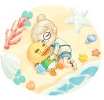  1boy 1girl :3 animal_crossing beach blue-framed_eyewear blue_shorts blush bottle closed_eyes closed_mouth commentary_request conch coral denim denim_shorts glasses green_shirt grey_hair hair_bun holding holding_bottle joey_(animal_crossing) long_sleeves lowres lying moai_(aoh) on_back on_side open_mouth parted_bangs print_shirt round_eyewear sand scallop seashell shell shirt shoes shore short_sleeves shorts single_hair_bun sleeping smile starfish t-shirt thick_eyebrows transparent_background u_u villager_(animal_crossing) water water_bottle white_footwear white_shirt 