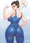  1girl ass ass_focus back bare_shoulders blush breasts brown_eyes brown_hair cameltoe chun-li double_bun earrings from_behind gonster hair_bun highres jewelry large_breasts looking_at_viewer looking_back short_hair solo street_fighter street_fighter_6 sweat thick_thighs thighs 
