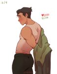  1boy avatar_legends bara black_hair blush bolin green_eyes highres jacket looking_at_viewer male_focus manlyhand meme multiple_boys shirt short_hair solo the_legend_of_korra thick_eyebrows twitter_strip_game_(meme) undressing unworn_jacket white_shirt 