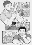  3boys bara chris_redfield closed_eyes closed_mouth greyscale hat highres holding holding_pen male_focus monochrome moto23059 multiple_boys muscular muscular_male pen piers_nivans resident_evil resident_evil_6 shirt short_hair smile 
