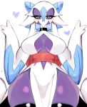  1girl black_choker black_thighhighs blue_eyes breasts choker colored_sclera colored_skin froslass heart large_breasts looking_at_viewer multicolored_skin pokemon pokemon_(creature) purple_skin simple_background solo thighhighs usa37107692 white_background white_skin yellow_sclera 