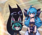  2girls :o ahoge animal_ears black_bow black_dress black_gloves black_hoodie blue_hair bow closed_mouth collarbone dress dress_bow drill_hair ears_through_headwear expressionless gloves green_eyes green_hair grey_dress gwen_(league_of_legends) hair_bow hood hood_up hoodie league_of_legends multicolored_background multiple_girls phantom_ix_row pink_eyes sideways_glance standing twin_drills twintails vex_(league_of_legends) vex_shadow_(league_of_legends) white_background wrist_bow yordle 