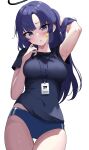  1girl absurdres arm_behind_head arm_up armpits black_shirt blue_archive blue_buruma blush breasts buruma cowboy_shot groin halo head_tilt highres lanyard looking_at_viewer medium_breasts purple_eyes purple_hair roxypqd shirt short_sleeves simple_background solo star_sticker straight_hair sweatdrop thigh_gap white_background yuuka_(blue_archive) yuuka_(gym_uniform)_(blue_archive) 