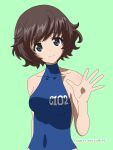  1girl akiyama_yukari arm_behind_back artist_name blue_one-piece_swimsuit brown_eyes brown_hair closed_mouth clothes_writing comiket_102 covered_navel dated girls_und_panzer green_background halterneck highres looking_at_viewer messy_hair naotosi navel one-piece_swimsuit school_swimsuit short_hair simple_background smile solo standing swimsuit waving 