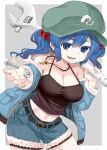 1girl belt black_belt black_tank_top blue_eyes blue_hair blue_jacket blue_shorts bolt breasts cleavage collarbone cowboy_shot flat_cap green_headwear hair_bobbles hair_ornament hat jacket kawashiro_nitori key large_breasts long_sleeves medium_hair navel nut_(hardware) open_clothes open_jacket open_mouth shorts smile solo tank_top touhou two_side_up wrench zetsumame 