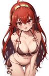  1girl ahoge bikini blush breasts brown_bikini collarbone eris_greyrat hair_between_eyes hairband highres kaptivate large_breasts long_hair looking_at_viewer mushoku_tensei navel red_eyes red_hair simple_background solo swimsuit white_background 