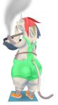  anthro betelgeusian big_butt butt clothing eating eating_food felid feline food footwear fur hat headgear headwear hi_res lineless looking_at_viewer looking_back male mammal meow_(space_dandy) slightly_chubby solo space_dandy thael thick_thighs white_body white_fur 