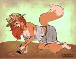  baggy_clothing bent_over bottomwear breasts canid canine clothing dirt disney fanartist female fox furryartist hangging_breasts hat headgear headwear invalid_tag katie_dodd lips mammal shirt shorts solo talespin tank_top topwear zombikiss 