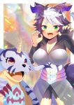  1girl :d animal_ear_fluff animal_ears black_gloves black_shorts blurry blurry_background breasts cleavage commentary_request depth_of_field digimon digimon_adventure elbow_gloves fangs fingerless_gloves gabumon gloves green_eyes hands_up horns indie_virtual_youtuber kou_hiyoyo large_breasts loki_lux looking_at_viewer multicolored_hair nail_polish purple_hair purple_nails red_eyes sharp_teeth short_eyebrows short_shorts shorts single_glove smile tail teeth thick_eyebrows two-tone_hair virtual_youtuber white_hair 