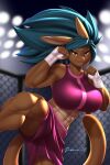  anthro big_breasts bra breasts clothed clothing female fighting_pose fighting_ring hair hand_wraps haplorhine hi_res hybrid kick lagomorph leporid looking_at_viewer mammal monkey muscular muscular_female on_one_leg pakwan008 pose primate rabbit solo sports_bra standing underwear wraps 