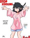  1girl arms_up black_choker black_eyes black_hair choker crab english_text feet_out_of_frame highres incoming_hug lucia_(scott_malin) medium_hair original outstretched_arms pink_shirt print_shirt purple_shorts scott_malin shadow shirt shorts solo white_background 