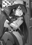  1girl 86_-eightysix- black_footwear black_hair black_necktie black_pantyhose black_shirt boots frederica_rosenfort greyscale highres jacket long_hair looking_at_viewer monochrome necktie pantyhose shirabi shirt solo 