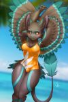  3_fingers 4_ears absurd_res anthro arms_above_head avali avali_logo avian blue_body blue_feathers blush blush_lines brown_body brown_feathers brown_wings clothing feathered_wings feathers female fingers hi_res multi_ear mylo_(mylowhylo) one-piece_swimsuit orange_clothing orange_swimwear siamkhan solo spread_wings swimwear tail winged_arms wings 