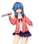  1girl ahoge amputee black_skirt bleeding blood blood_drip blue_hair bow bowtie buttons cardigan chestnut_mouth commentary_request contrapposto cookie_(touhou) cowboy_shot fingernails flat_chest flower guro hair_between_eyes hair_flower hair_ornament holding holding_knife kitchen_knife knife long_bangs looking_at_viewer miniskirt miramikaru_miran open_mouth pink_cardigan pleated_skirt red_bow red_bowtie red_eyes shirt simple_background skirt solo white_background white_shirt yellow_flower za(mentan)ku 