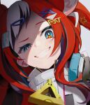  1girl animal_ears black_hair blue_eyes grey_background grin hair_ornament hairclip hakos_baelz hakos_baelz_(3rd_costume) headphones headphones_around_neck hololive hololive_english long_hair mouse_ears multicolored_hair overlord_(overlord80000) red_hair sharp_teeth signature smile streaked_hair teeth virtual_youtuber white_hair 