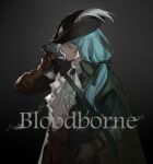  1girl absurdres ascot bang_dream! black_background black_headwear black_ribbon black_shirt bloodborne brooch brown_coat brown_gloves chinese_commentary closed_mouth coat coat_on_shoulders commentary_request copyright_name cosplay gloves green_eyes hair_ribbon hat hat_feather highres hikawa_sayo holding holding_sword holding_weapon jewelry lady_maria_of_the_astral_clocktower lady_maria_of_the_astral_clocktower_(cosplay) long_hair long_sleeves looking_at_viewer ribbon shirt sidelocks solo sword upper_body walluka weapon white_ascot 